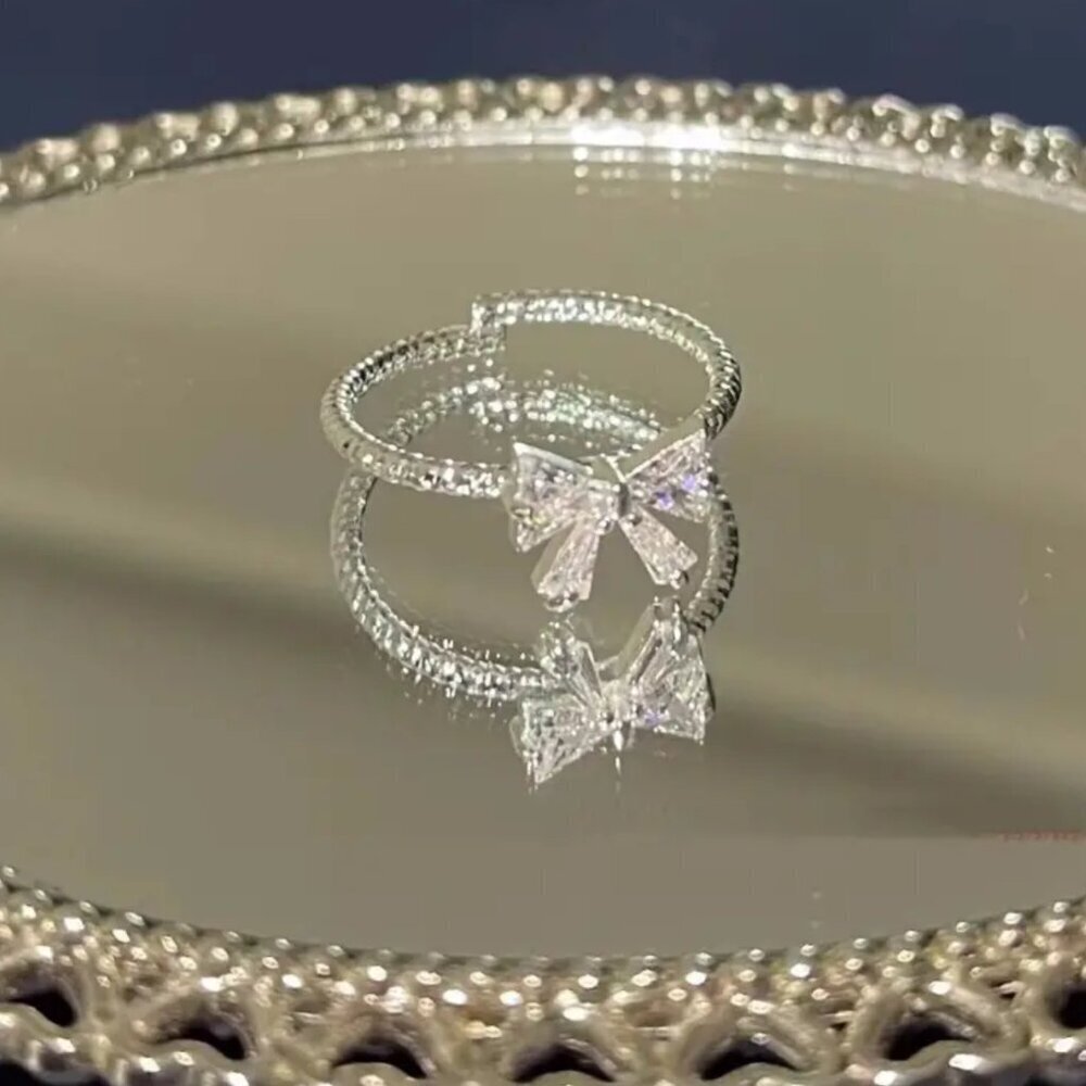 NEW silver coquette bow adjustable ring, rhinestone bow jewelry, BOHO Chic